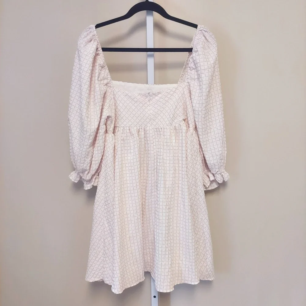 Storia Pink White Puff‎ Sleeve Babydoll Mini Dress Square Neck L Coquette Preppy